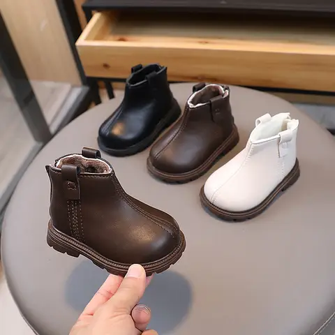 부드러운 밑창 미끄럼 방지 아기 신발, 부드러운 유아 부츠, PU 가죽, 남아 캐주얼 신발, 따뜻한 봉제 짧은 앵클 부츠, 겨울