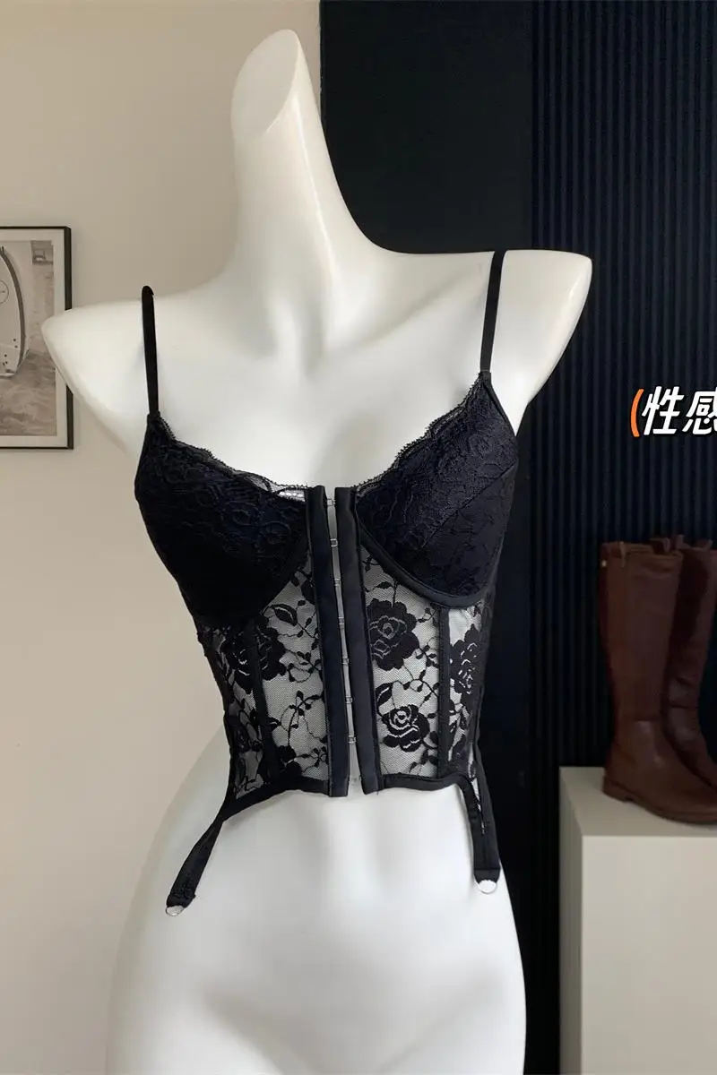 Women's Lace Mary Jane Tri Color Sexy Pure Desire Sling Strap Fish Bone Open Back Cross Breast Top Spicy Girl Underlay Top