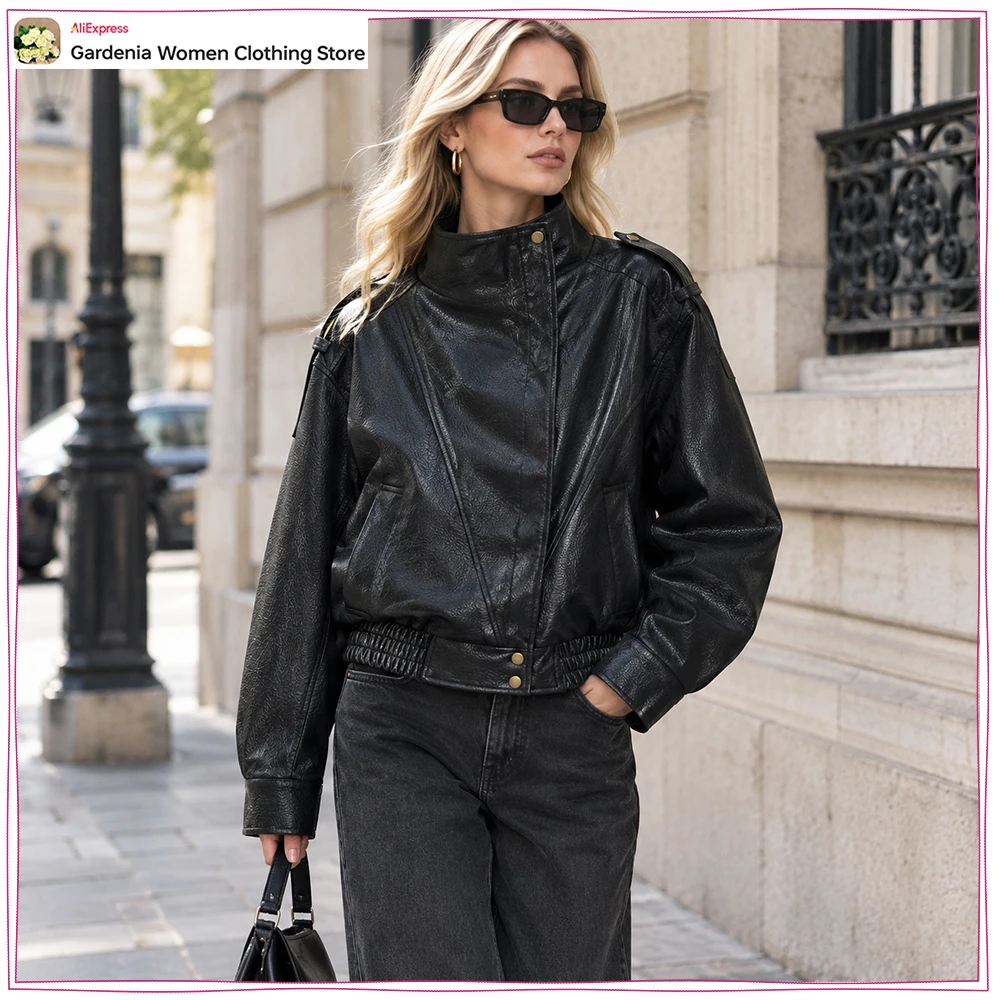 Autumn & Winter Faux Leather Bomber Jacket for Women Brown Zippered Jacket Long Sleeves Stand-up Collar Jacket with Shoulder Tab