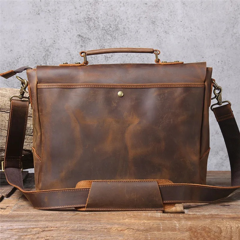 Natural genuine leather men\'s briefcase vintage crazy horse cowhide handbag handmade fashion work laptop shoulder messenger bags