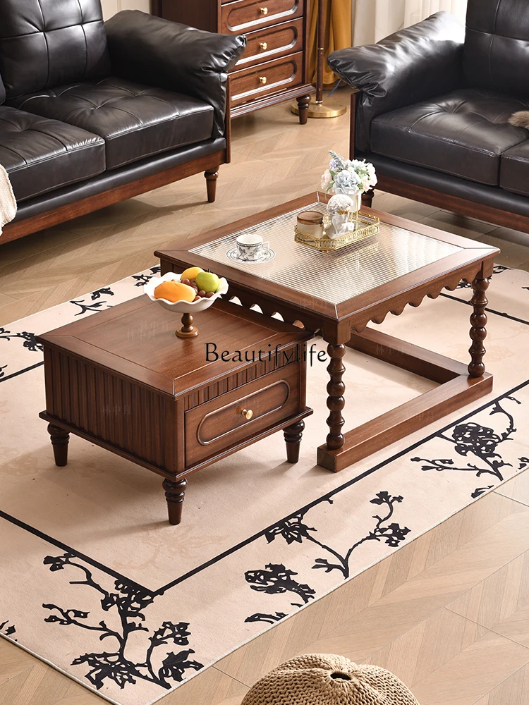 

French retro solid wood square combination with antique glass tea table in the drawer