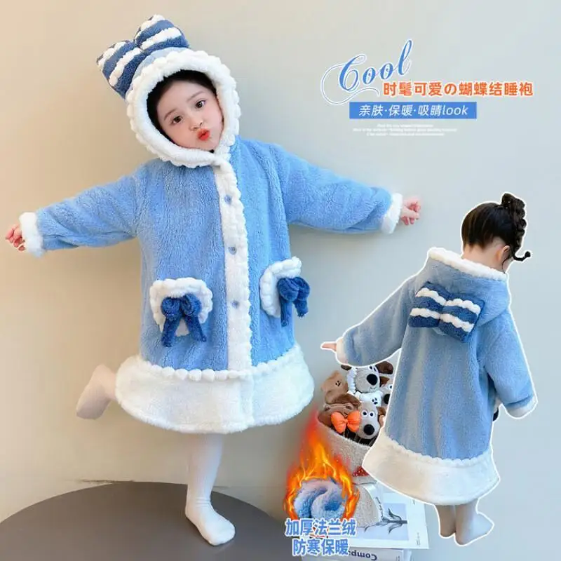 

Girls Autumn Winter Flannel Robe Comfortable Nightgown Hooded Cartoon Loungewear New Fashion Pj Set Kids Clothing Sweet Style