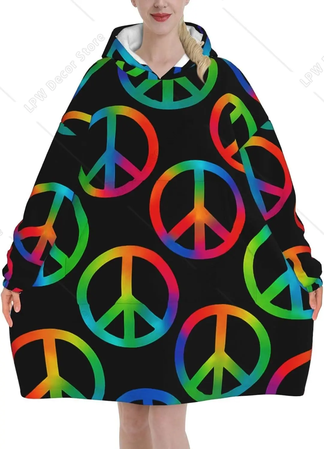 Oversized Adult Long Sleeve Flannel Hoodie Blanket Retro Peace Symbols Soft Fuzzy Hooded Sweatshirt Lounging Pullover