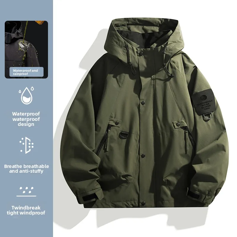 

Outdoor Men's Windproof Waterproof Hooded Jaet Multi-ket Workwear Spring New Sle Faionable Youth Polyester Fiber