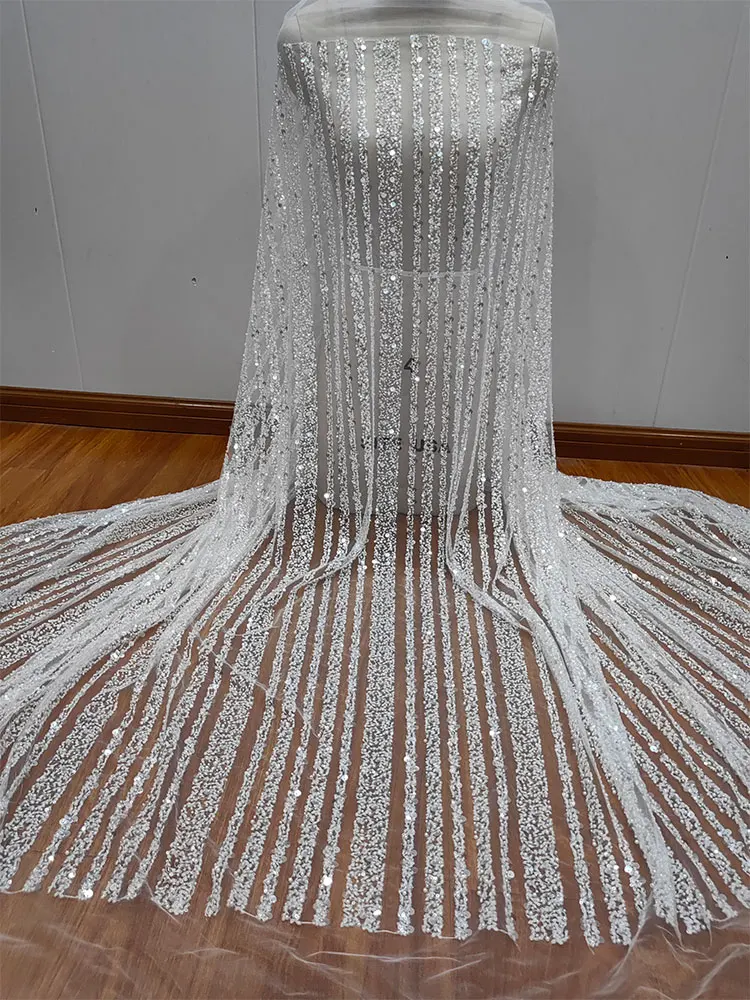 New High Quality White Striped Tassel Sequined Beaded Lace Tulle Ideal as Clothing Accessories for Women's Wedding Dresses