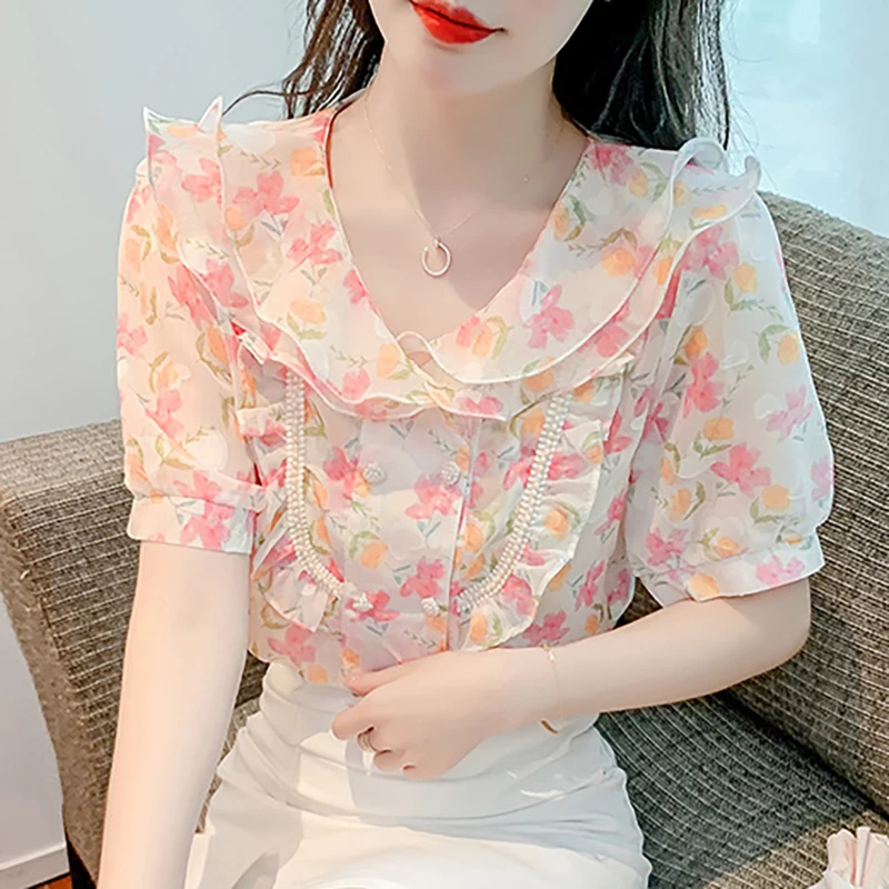 

Sweet ruffled Neck Printed Ruffles Floral Shirts Female Clothing 2024 Summer New Loose All-match Tops Chic Chiffon Blouses