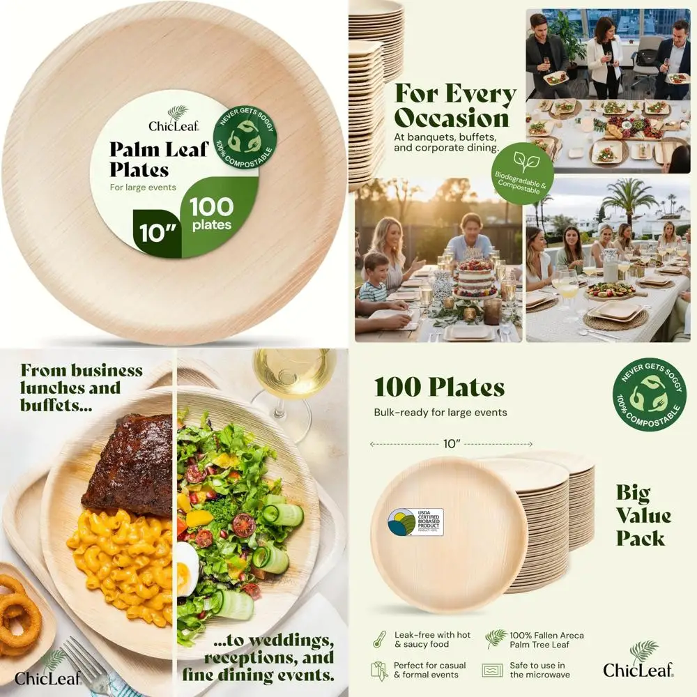 

Eco-Friendly Palm Leaf Plates - 10-Inch Round, Bulk Pack of 100, Durable and Sustainable for Parties and Weddings - Ideal for Ch