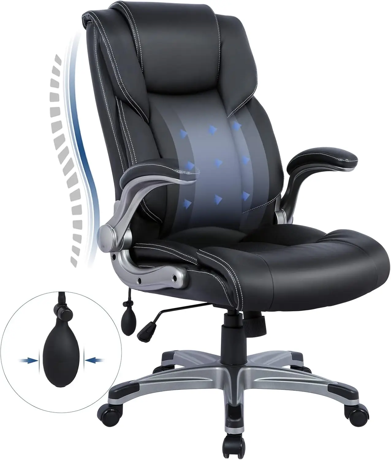 

High Back Executive Office Chair - Ergonomic Leather Desk Chair with Adjustable Arms, Swivel & Rolling - Black