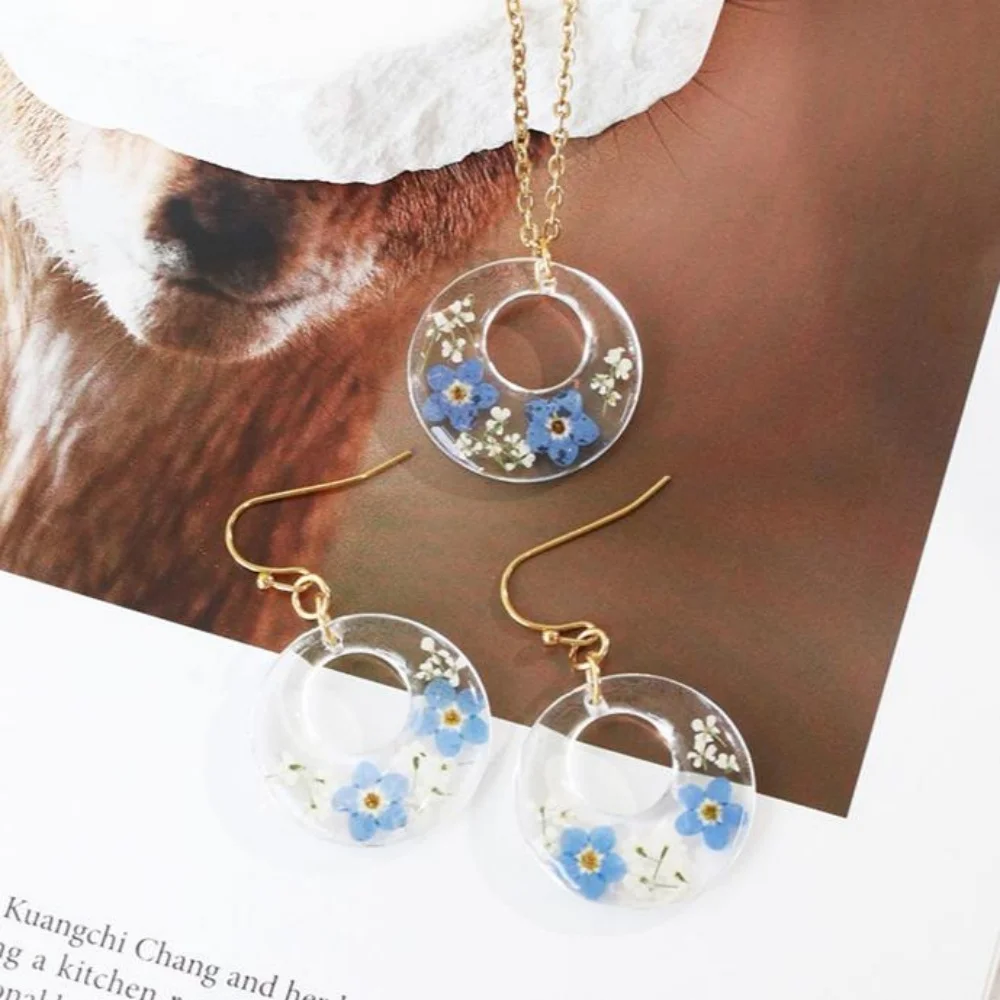 Stainless Steel Resin Dried Flower Necklace Earrings Jewelry Set For Women Gold Color Chain Accessories Wedding Gifts New In