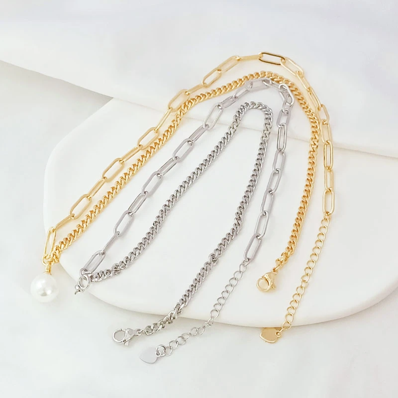 1 Piece 14K Gold White K Side Thick Chain Flat 0 Extended Tail Chain Finished Bracelet Necklace with Empty Support Fashion Chain