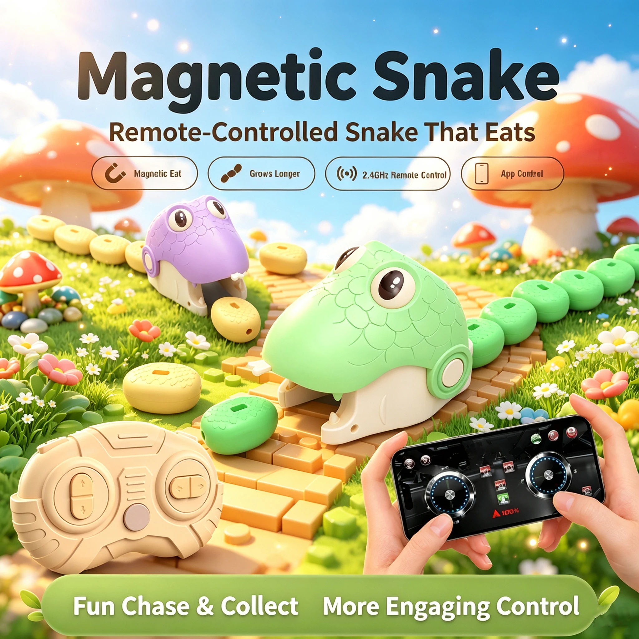 2.4Ghz Remote Control Magnetic Snake Toy with App Control Stretchable Snake Simulation Animal Toy Interactive Game Birthday