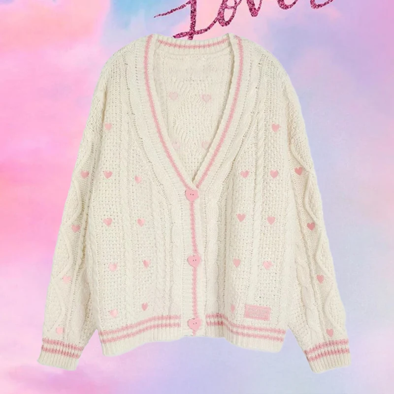 Lover Cardigan with Pink Heart Button Embroidery Patch Soft Knitted Sweater Cosy Lover-Era TS Merch TayTay Valentine Gift