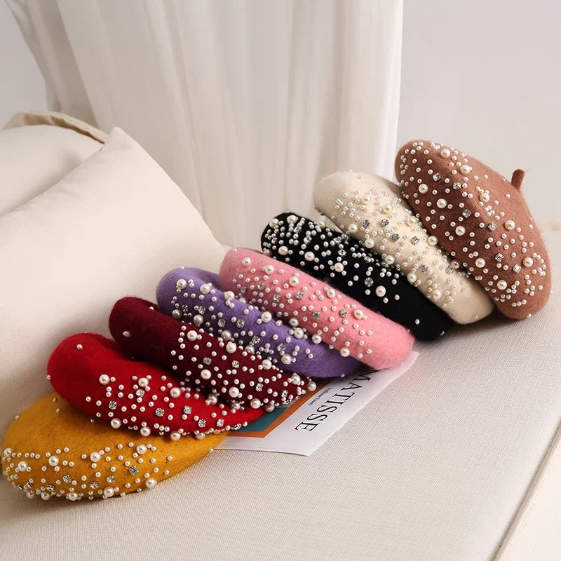 2024 Winter Wool Beret with Rhinestone Pearls Beads Female Elegant Cap Autumn Spring Hat Women Solid Color French Style Cap