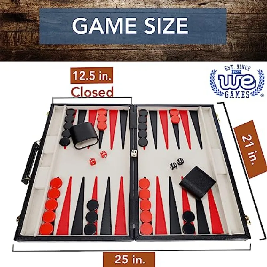 Backgammon-set met elegante zwarte kunstleren koffer 21 x 12,5 inch. Gesloten; 25 x 21 inch. Open Ideaal voor Familiespelavonden Volwassen Bo