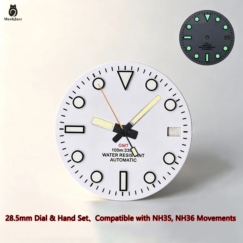MechJazz 28.5mm GMT Dial with Hands Set Green Luminous Watch Dial Fit NH35 NH36 Movement Watch Modification Accessories