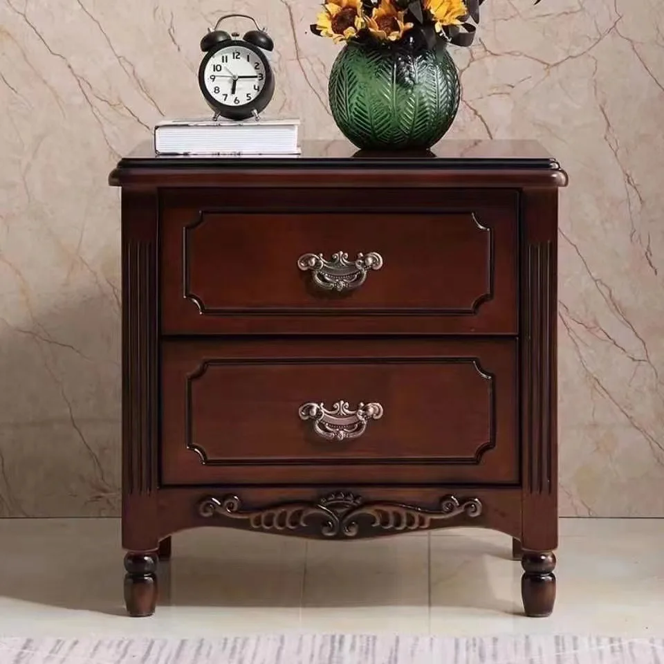 Chinese solid wood bedside table antique carved walnut color ribbon lock bedroom bedside storage cabinet locker