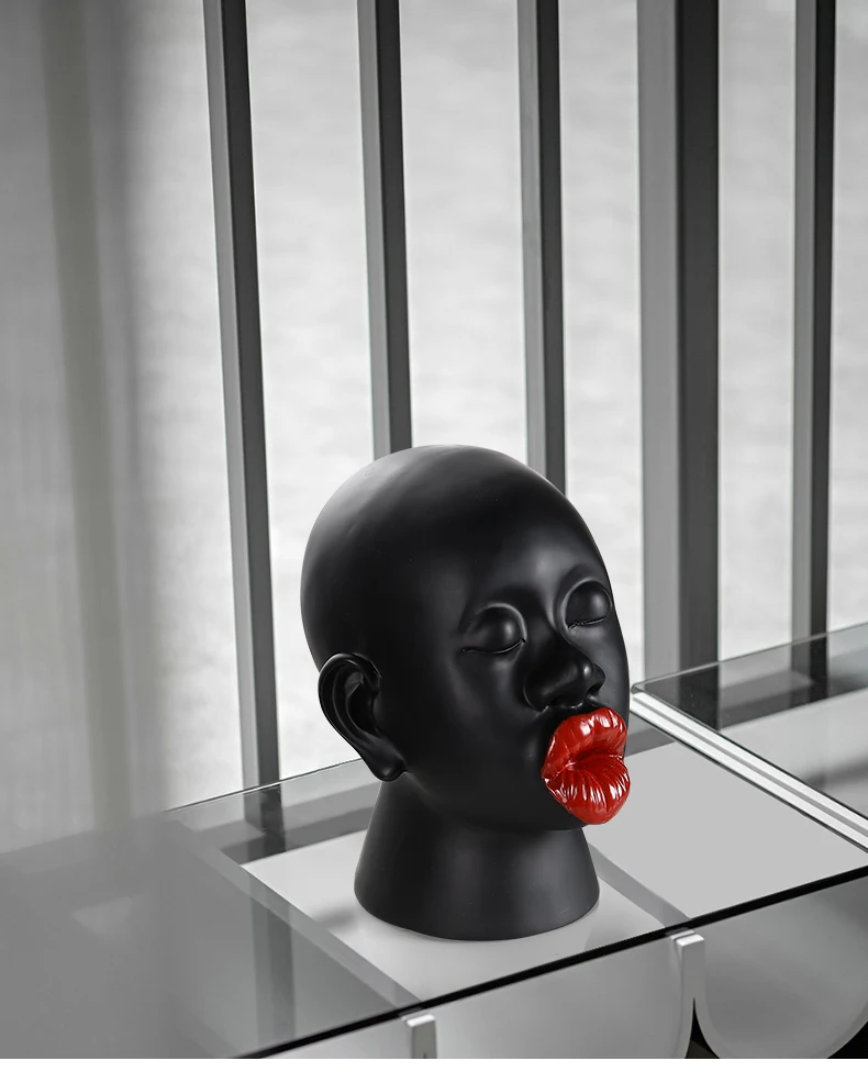 Resin Abstract Human Sculpture Black Person Red Lips African Style Statue Human Face Handicraft Furnishings Home Decorations