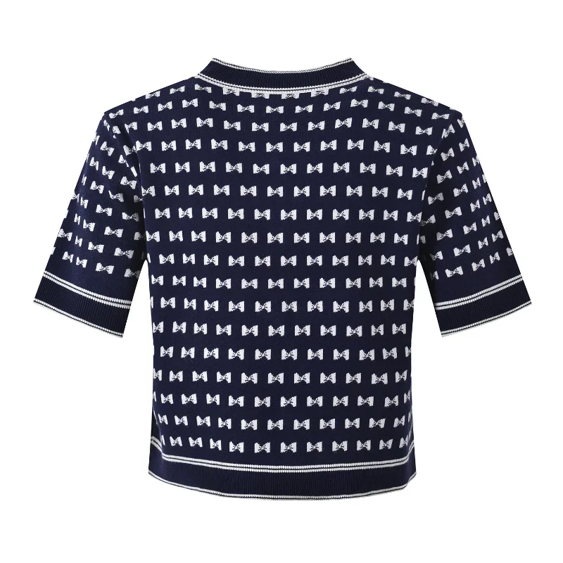 Women Sweet Bow Print Knitted Cardigan Single-breasted O Neck Short Sleeves Versatile Casual Black Pink Small Fragrance Top