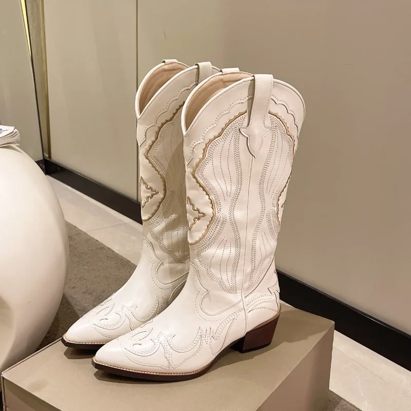 Handmade Embroidery Slip on White Knee-High Boots New Comfortable Coarse Following 5CM Pointed Shoes Casual Fashion Womens Boots