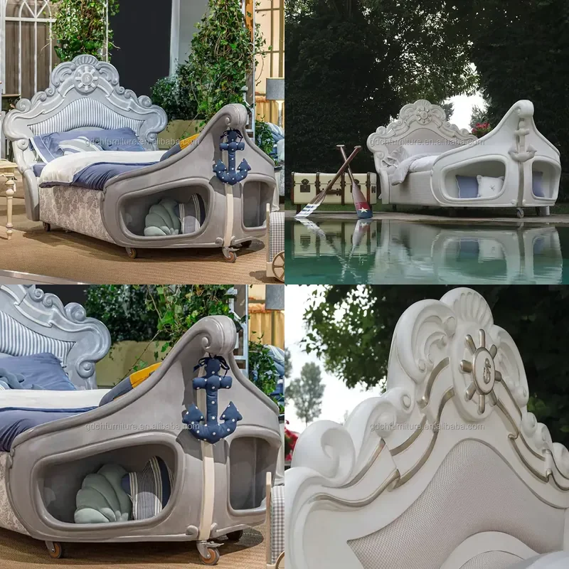 European Luxury Solid Wood Carved Pirate Boat Bed Custom Furniture for Hotel Villa Bedroom Storage Childrens Bed