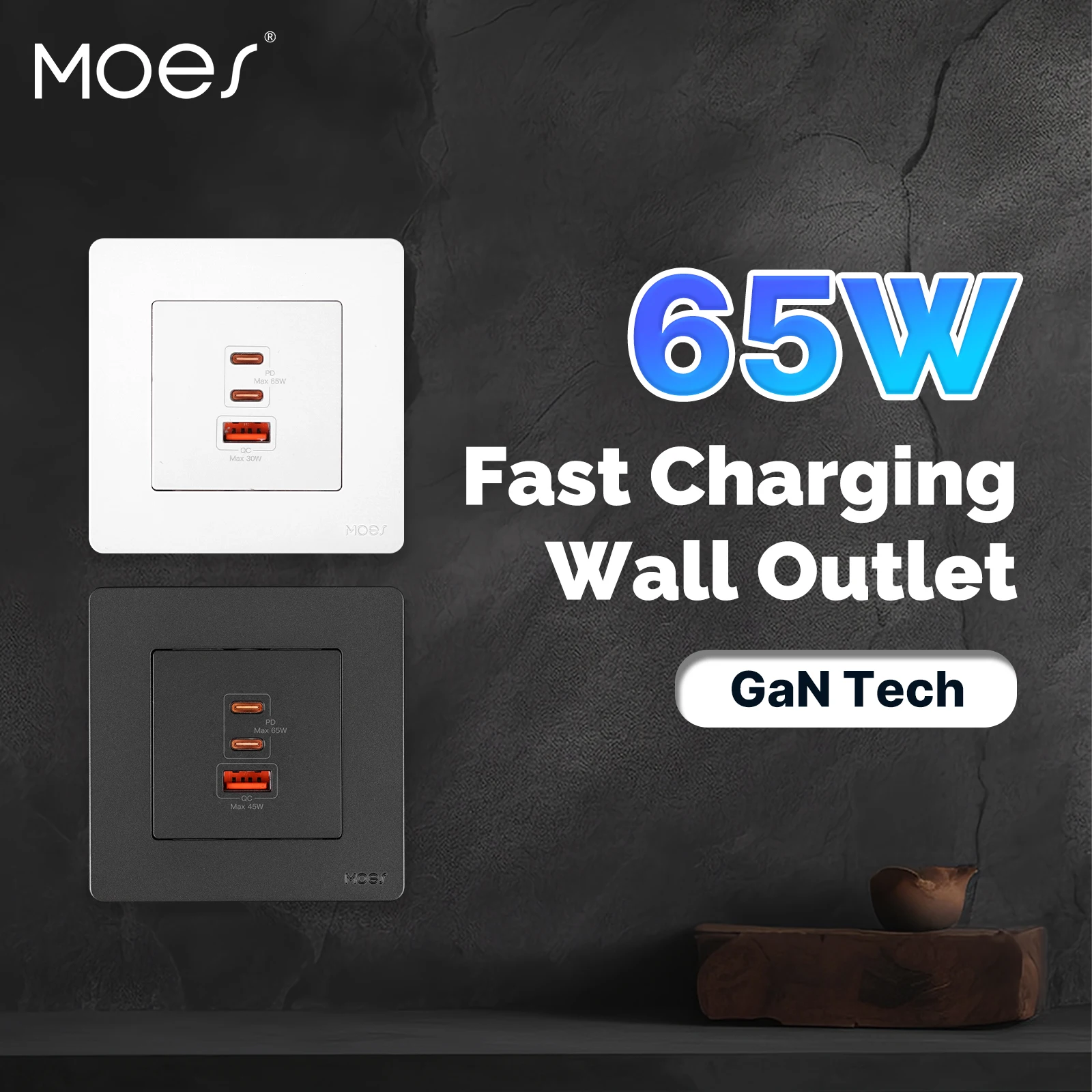 MOES 65W&30W GaN Fast Charging Wall Outlet 2PD+1USB‑A Charger Wall Socket Panel White Black For Home Office