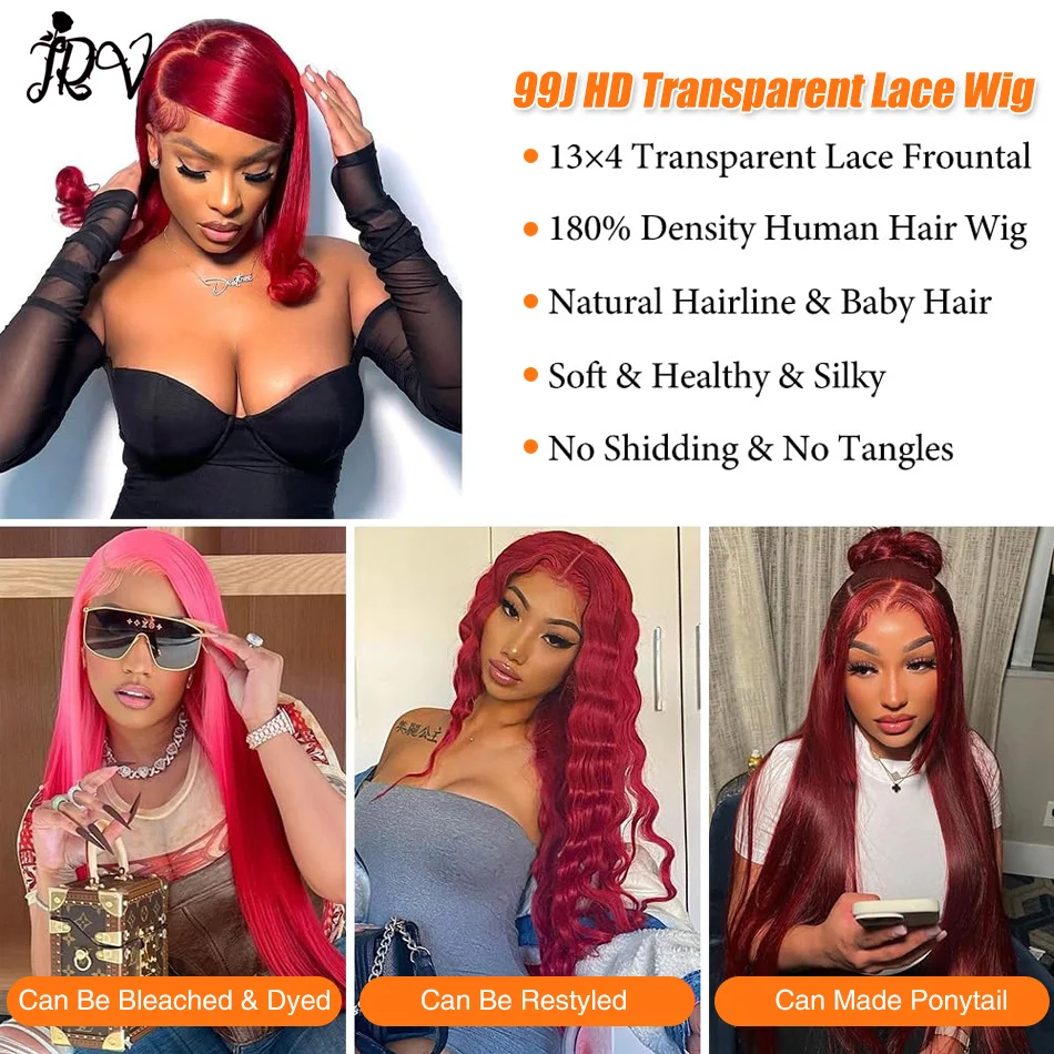 Hd Lace Front Human Hair Wig 30 34 Inch Ginger Orange Straight Lace Frontal Wig 13x4 Lace #99j Colored Bone  Wigs For Women