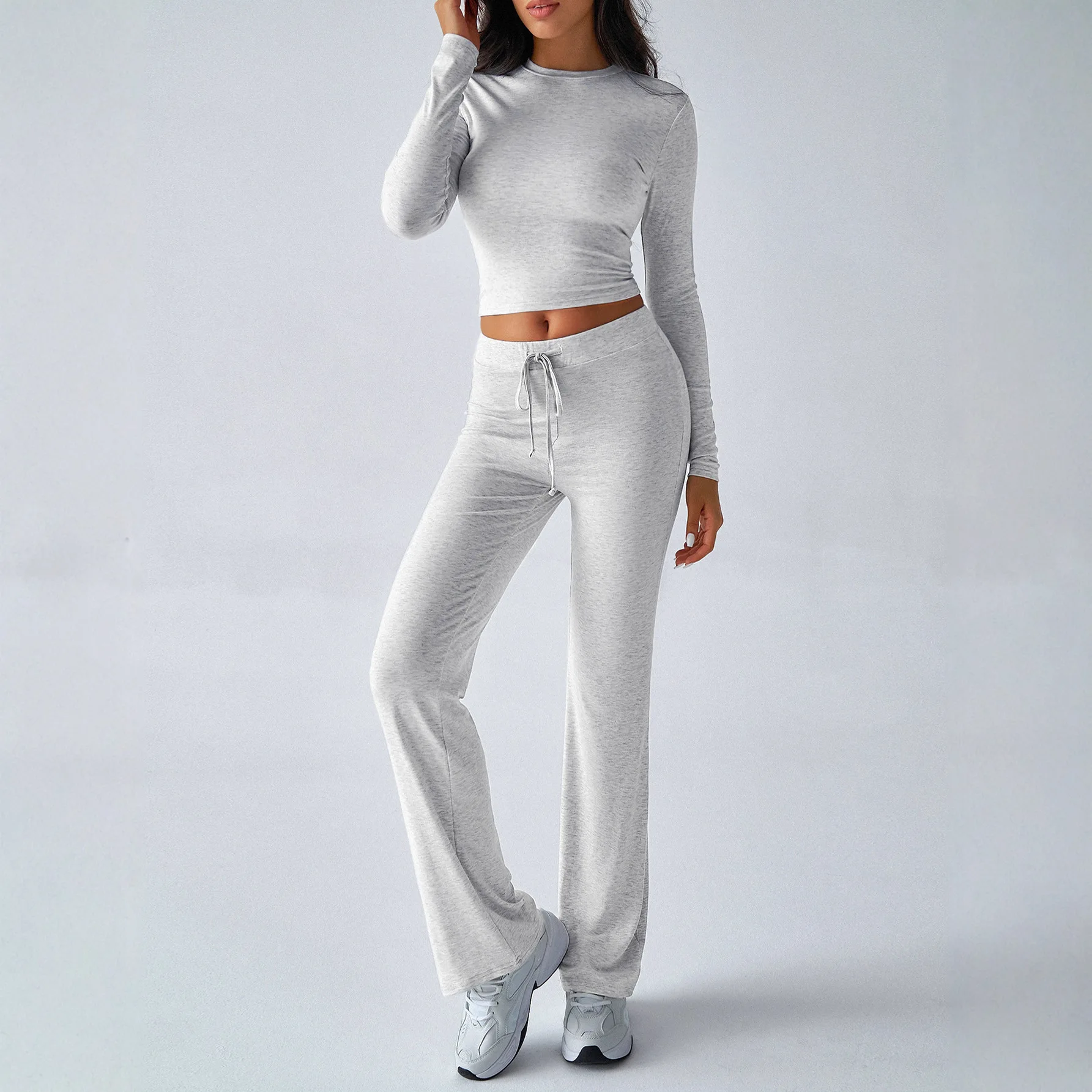 

Осень-зима 2024, новейший повседневный спортивный стиль, облегающий топ с круглым вырезом и длинными рукавами, комплект брюк с завязками, женские однотонные костюмы