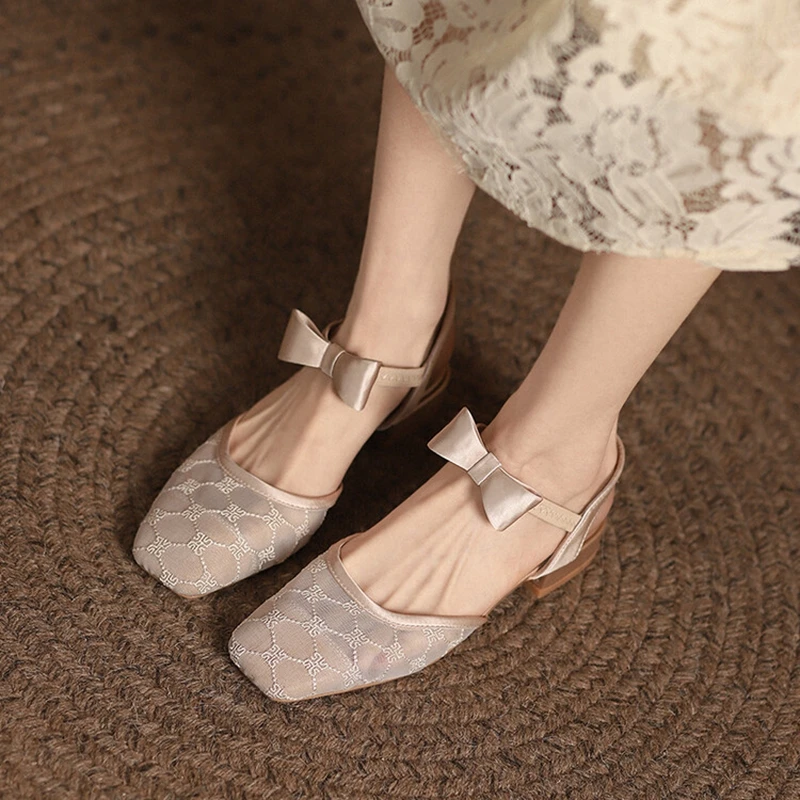 NEW Summer Women Sandals Cover Toe Slingback Women Shoes Concise Air Mesh Silk Shoes for Women Elegent Bow-Knot Solid Lady Shoes