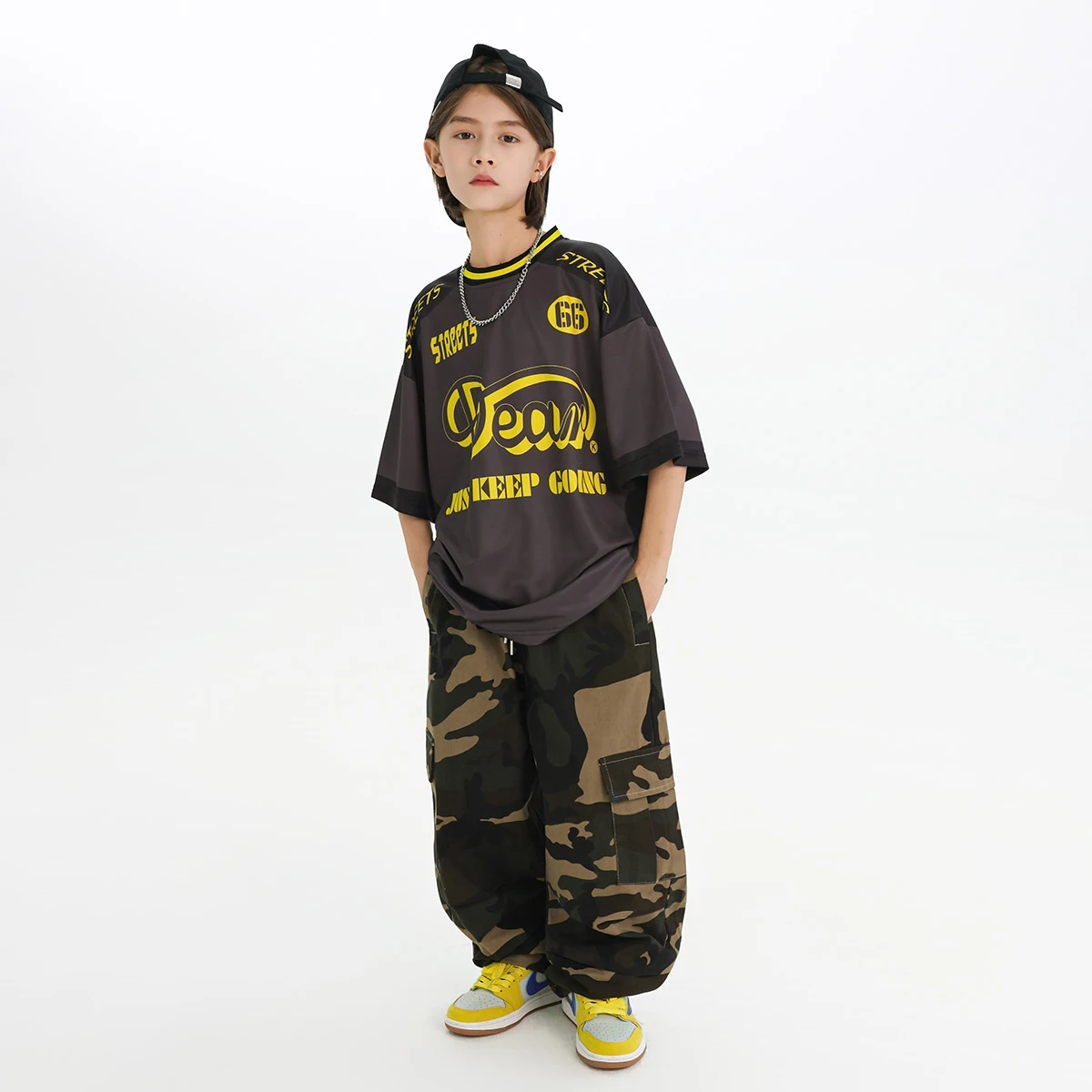 Street Dance Jongens Jazzdans Kostuums Losse Sport Print T-shirt camouflage Broek Hip Hop Dansvoorstelling Stadiumkostuums DN21236