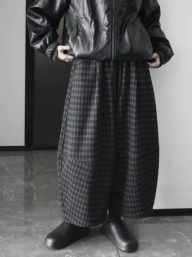 مرونة عالية الخصر الأسود منقوشة عادية سميكة واسعة الساق السراويل الجديدة بنطلون المرأة موضة المد الخريف الشتاء