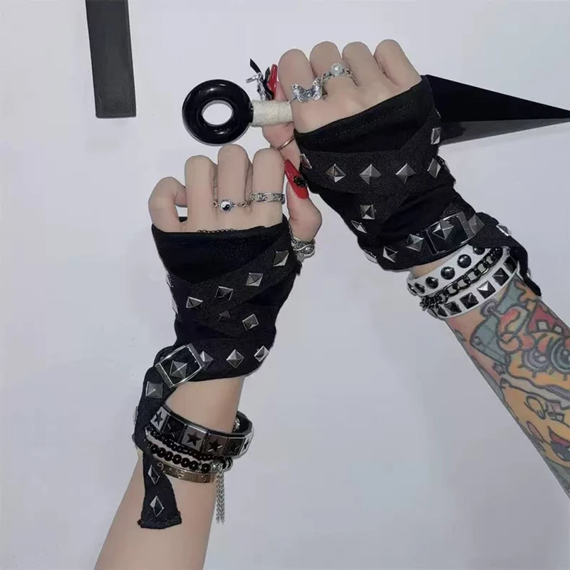 Y2K الألفية الساخن JK الفتيات برشام حزام قفازات الهيب هوب Harajuku أصابع قفازات الشرير القوطية نمط قصيرة الذراع أدفأ الشارع الشهير #3