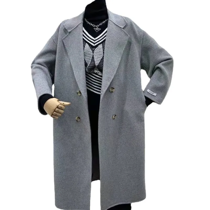 

Высококачественное двустороннее кашемировое пальто в стиле Харадзюку, уличная одежда, женское свободное шерстяное пальто средней длины в Корейском стиле, модная женская одежда