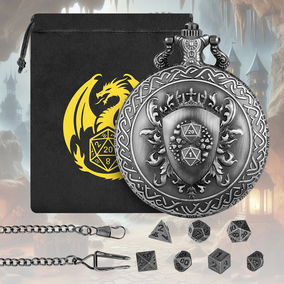 5pcs Wholesale D20 & D1 Shield Metal Pocket Watch Case Polyhedral Mini Dice Set Fob Chain Pendant Gift for Role Playing Party
