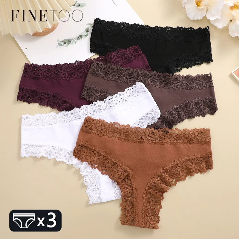 FINETOO 3Pcs Cotton Lace Floral Thongs Women Sexy Seamless Underwear Breathable Panties Low Waist Solid G-string Soft Lingerie