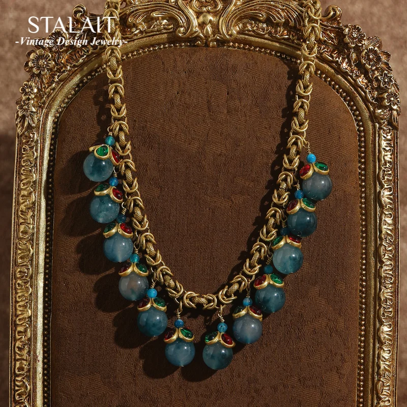 

Vintage Blue Glass Necklace Chokers Gothic Natural Stone Tassels Antique Gold Color Jewelry For Women Accessories New In 2025