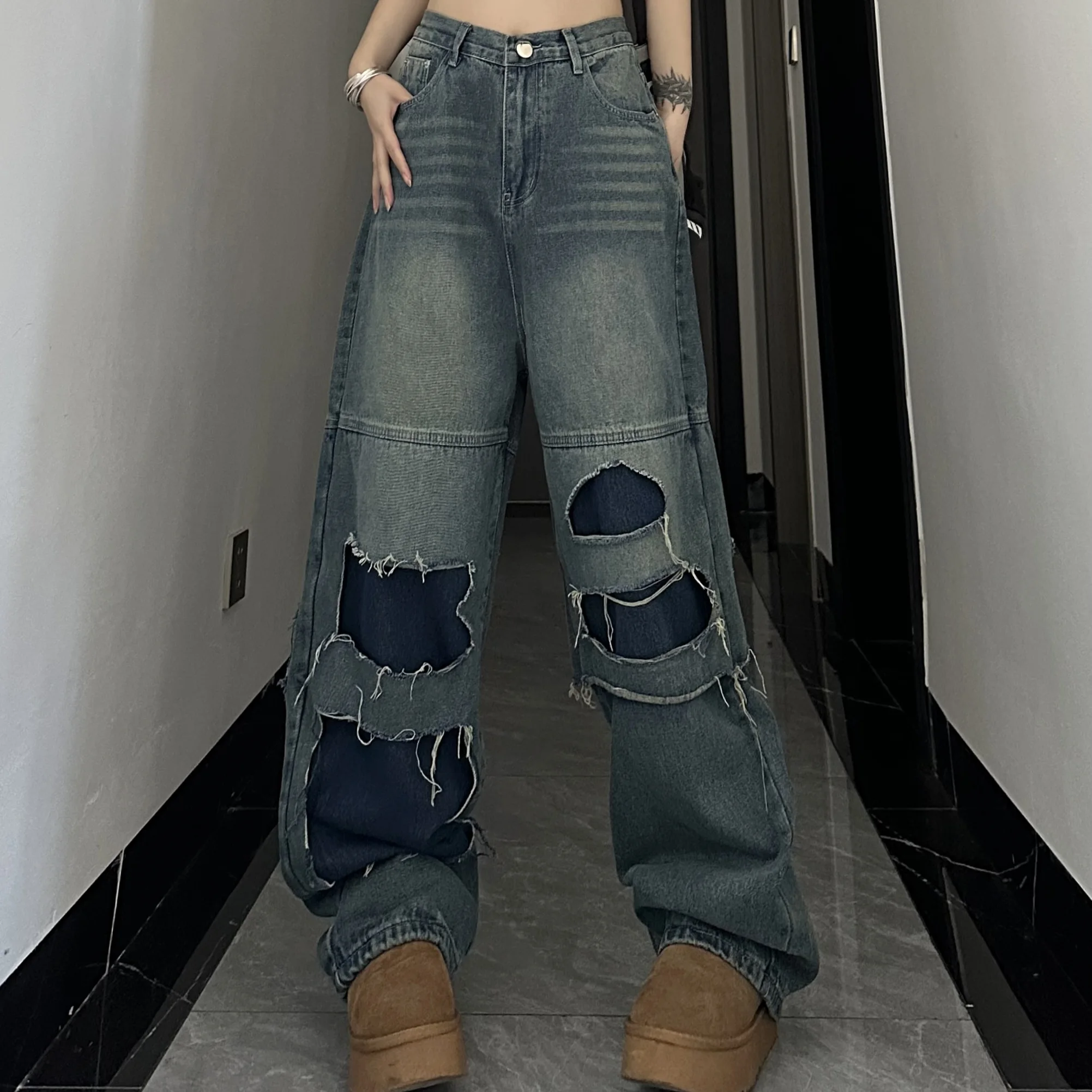 

Jeans With Ripped Holes And Raw Edges Contrasting Color Design American Retro Fashion Brand Straight Loose Long Trousers