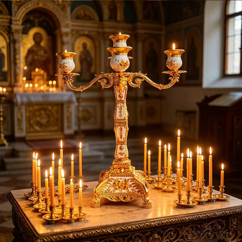 New Premium Gold Plated Liturgical Candelabra with White Enamel and Floral Accents for Church Altar Vigil and Home Prayer Use