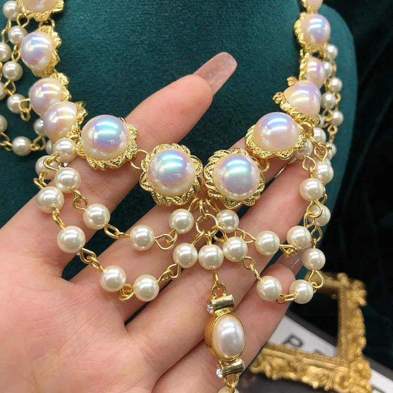 Vintage Jewelry Sets for Women Necklace Luxury Middle Ages Ornament Macaic Shell White Pearl Collar Chain Earring Set