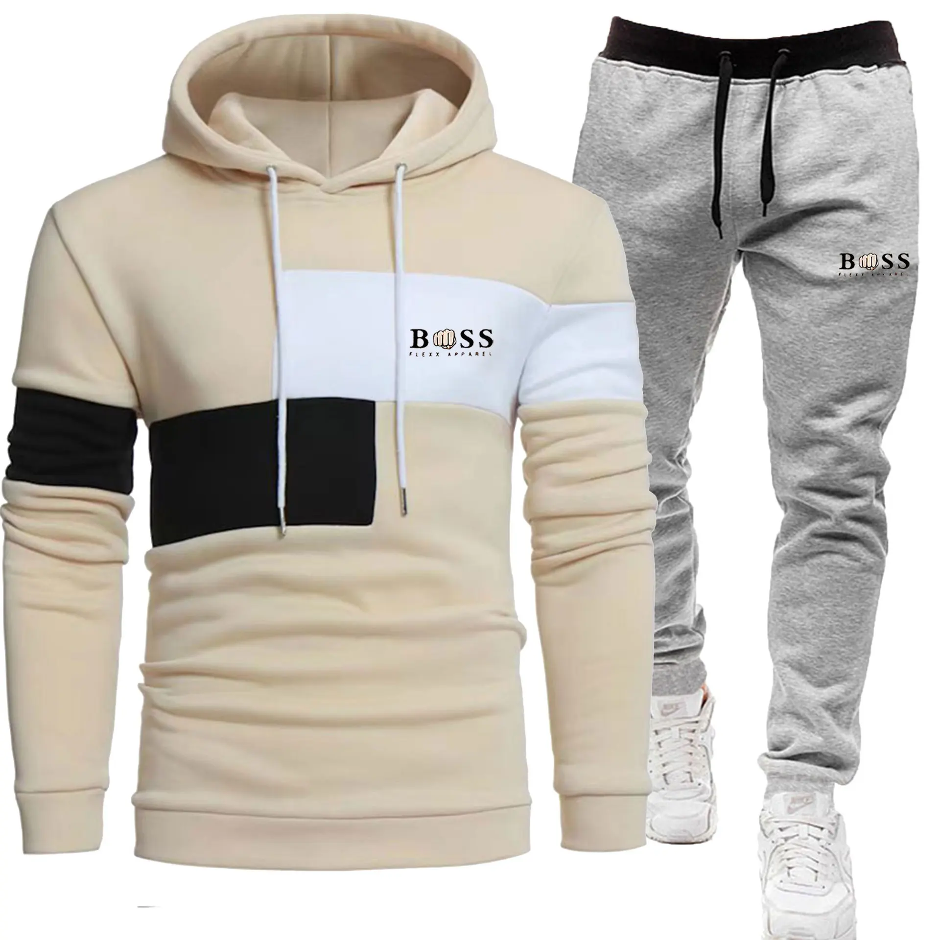 2024 Autumn/Winter New Men\'s plush patchwork hoodie set, three piece casual sports printed hoodie two-piece set
