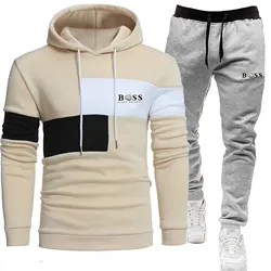 2024 Autumn/Winter New  Men's plush patchwork hoodie set, three piece casual sports printed hoodie two-piece set