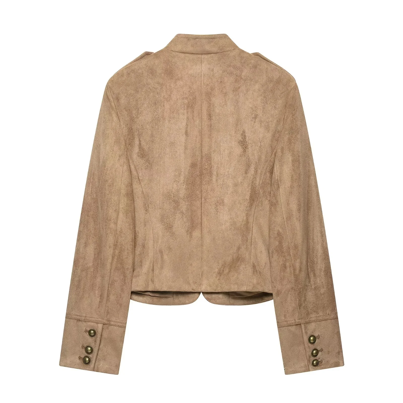 KONDALA Streetwear Vintage Chic Wildleder Khaki Damenjacke mit Knotenknöpfen, Reißverschluss, Langarm, Mode 2026 Herbst-Winter-Jacke – Detail 7