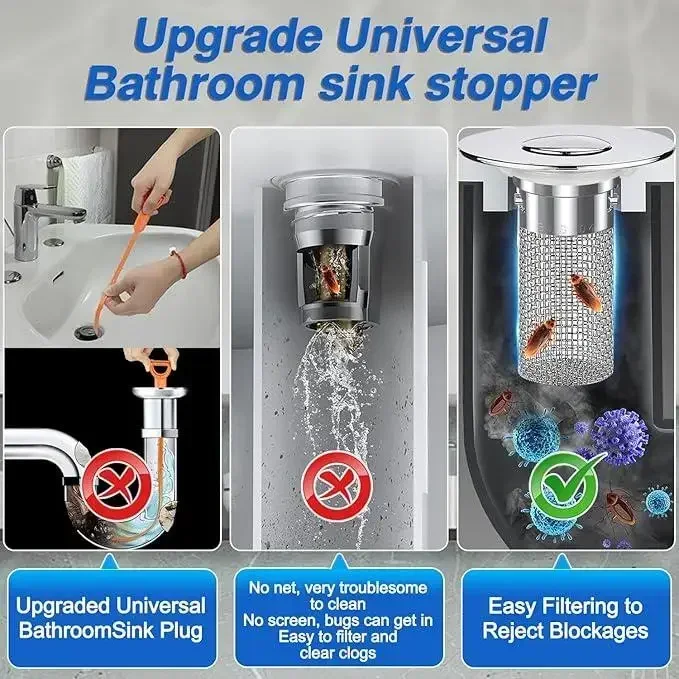 Badkamer Gootsteen Afvoer Stopper-PopUp Afvoer met Rvs Filter Mand Haar Catcher Vervanging voor 1.1-1.45 Inch Wastafels