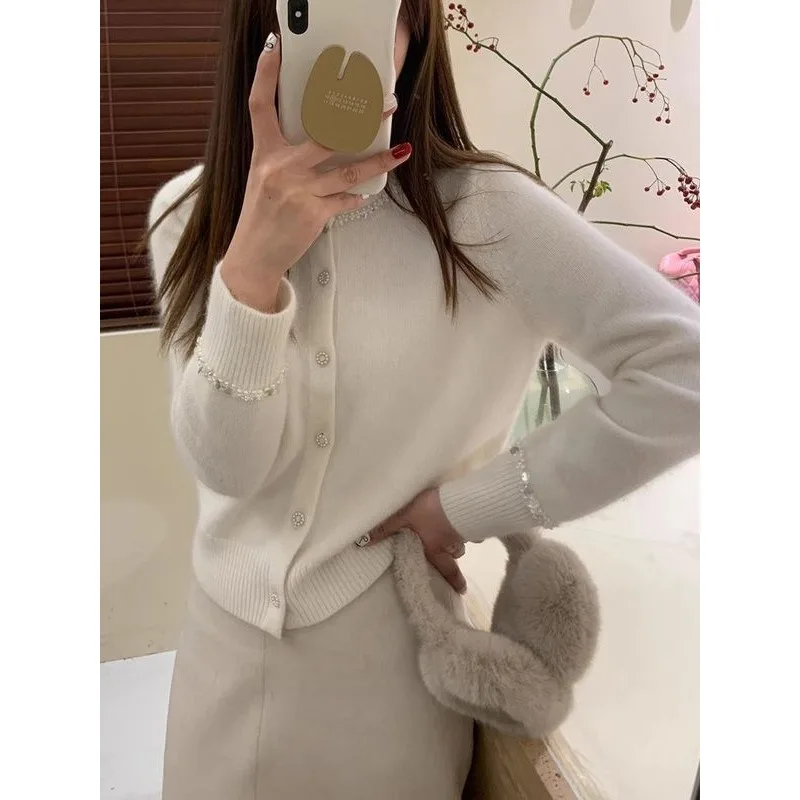 

Korean Red Knitted Sweater Women Early Spring Small Fraance Round Neck Open Cardigan Top E11525