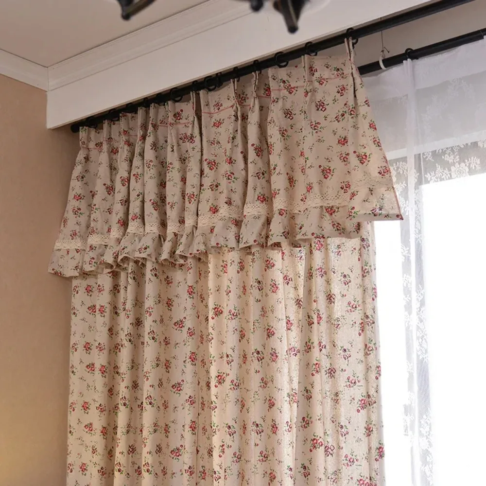 Korean Cotton Linen Semi Blackout Curtains for Living Room Floral Ruffle Pastoral Style Light Filtering Drapes Custom
