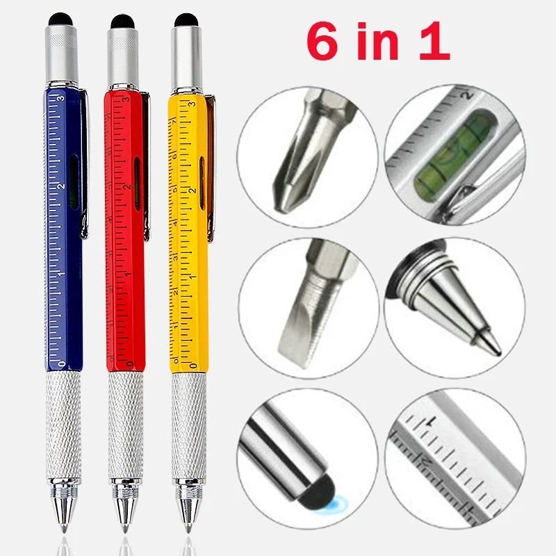 6 em 1 Metal Multi-função Caneta Esferográfica Medida Técnica Régua Chave De Fenda Touch Screen Stylus Nível de Espírito Liga Ferramenta Pen