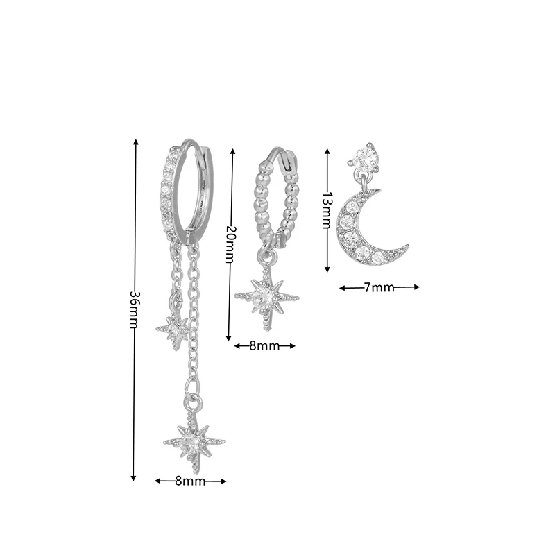3/6 قطعة فضية اللون ستار سلسلة استرخى أقراط للنساء تشيكوسلوفاكيا زركونيا ثقب القمر إسقاط أقراط امرأة مجوهرات الأزياء الإكسسوار