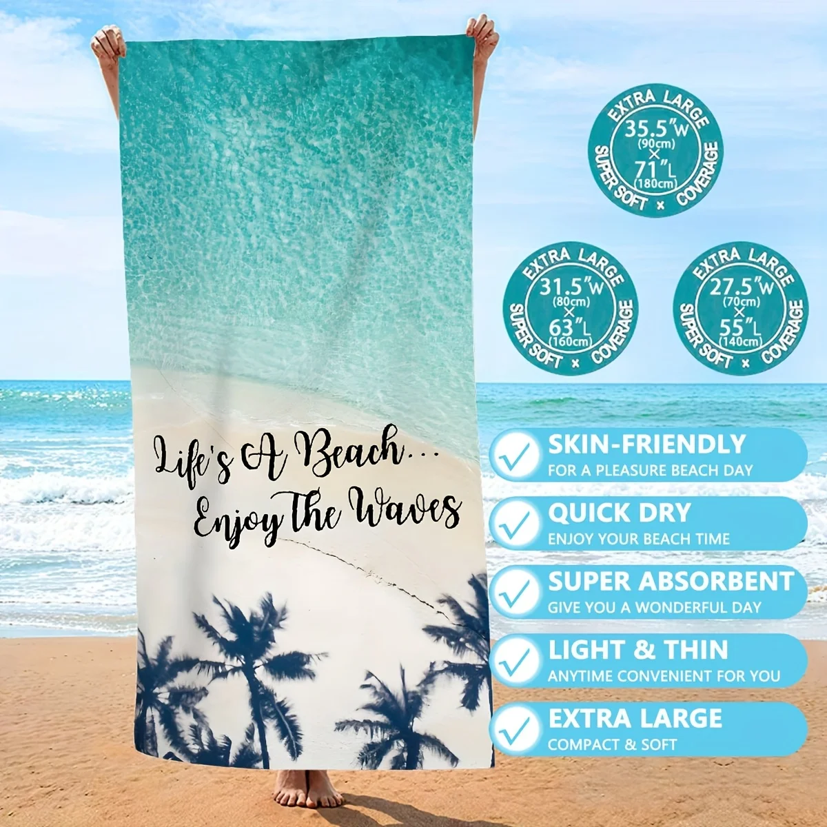 

"Life's A Beach" Beach Towel - Ocean View & Palm Trees Print, Soft Microfiber Quick Dry Sand-Free for Travel Pool Summer
