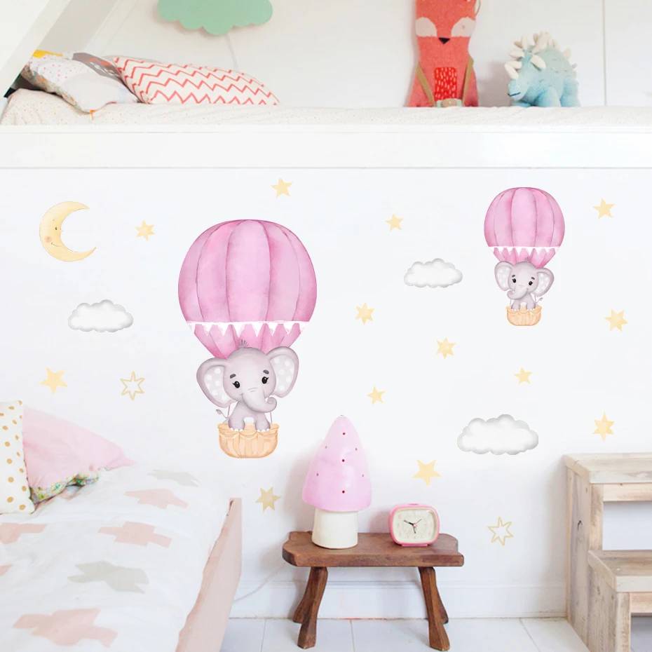 Cartoon Elephant Hot Air Balloon Moon Wall Decals Watercolor Nursery Vinyl Wall Sticker Removable Kids Boy Girls Room Home Decor