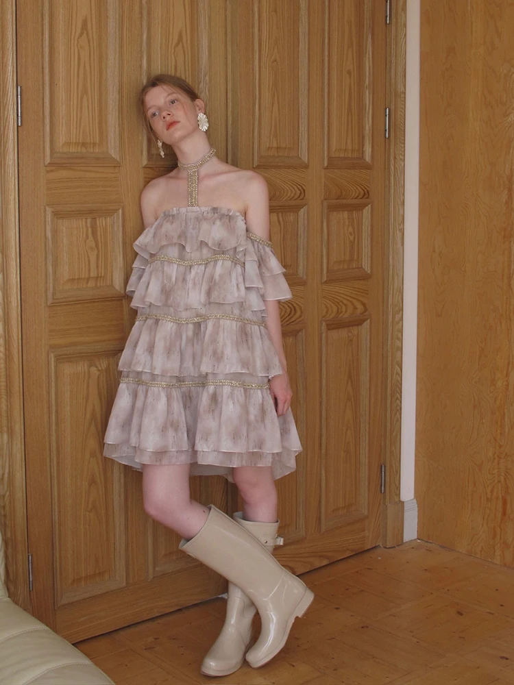 Roriri tie dye feminino fora do ombro halter vestido de mangas curtas ponto em camadas plissado a linha princesa bolo vestido retro y2k roupas