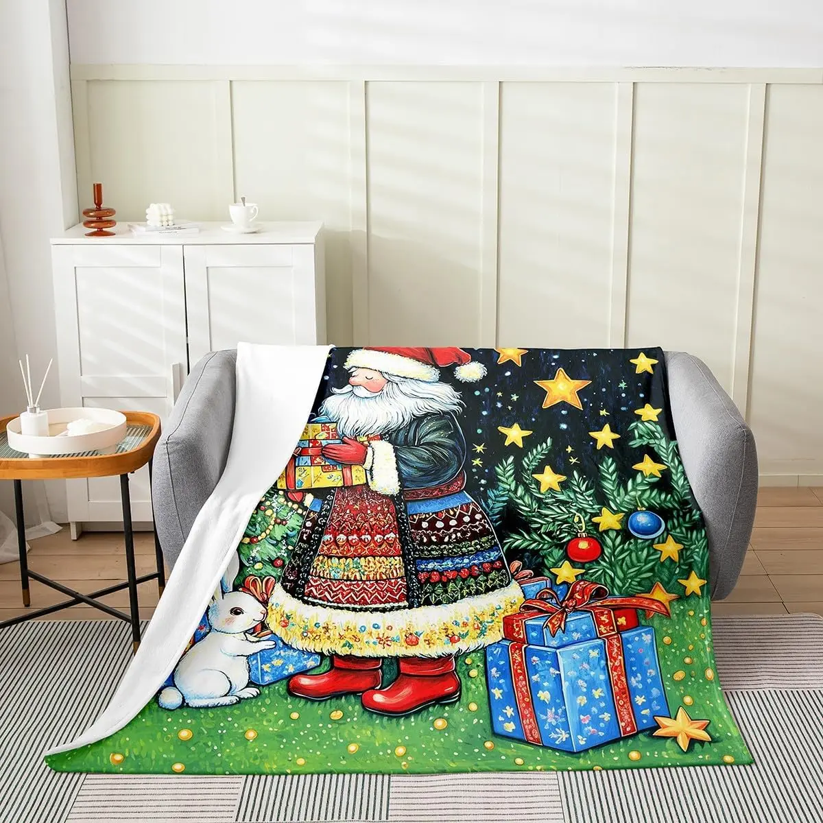 

Cartoon Santa Claus Throw Blanket Cute Rabbit Yellow Stars Decor Flannel Blanket for Kids Teens Adults Christmas New Year Theme